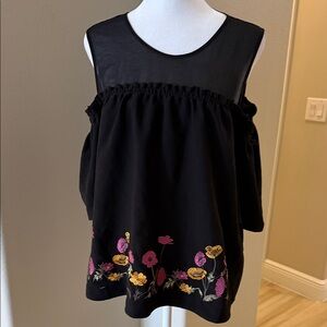 Blue Rain Black Top with Colorful Floral Embroidery Open shoulder w/sleeves